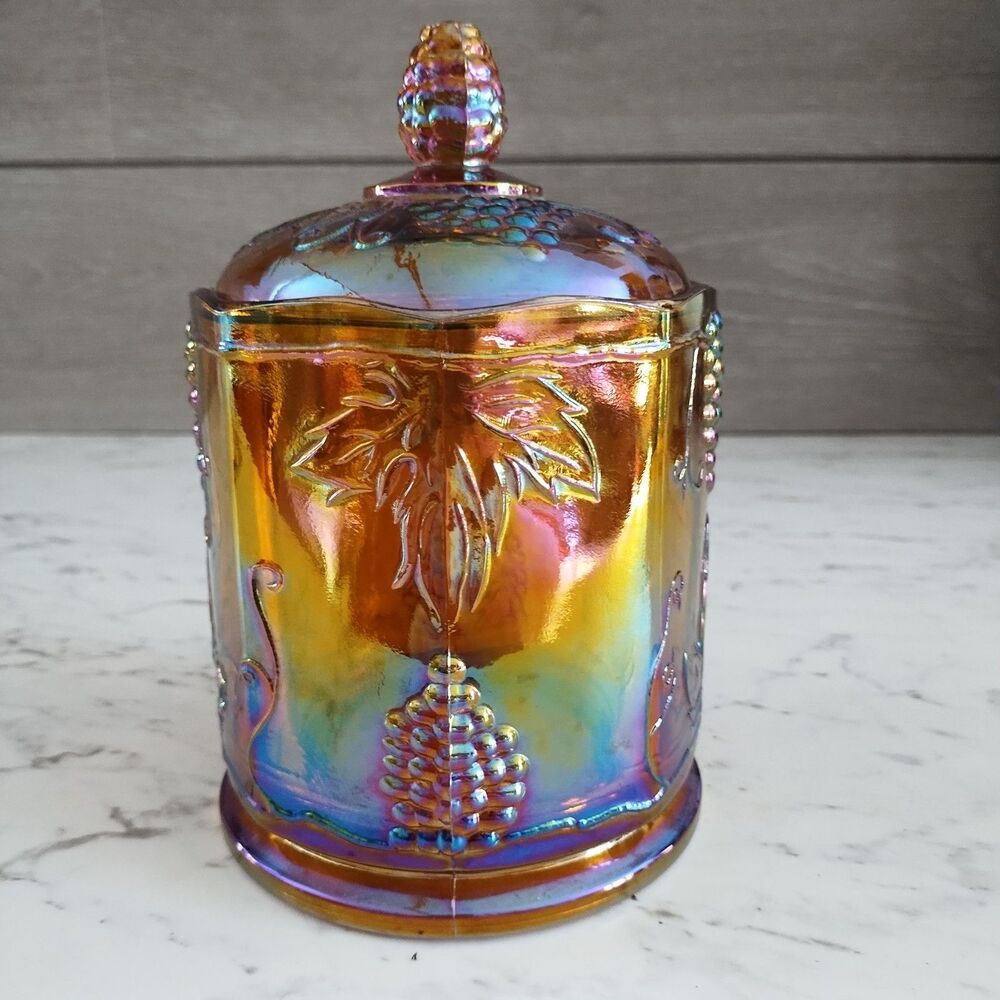 Vintage Indiana Glass Iridescent Marigold Carnival Harvest Grape Biscuit  Jar - Picture 4 of 12